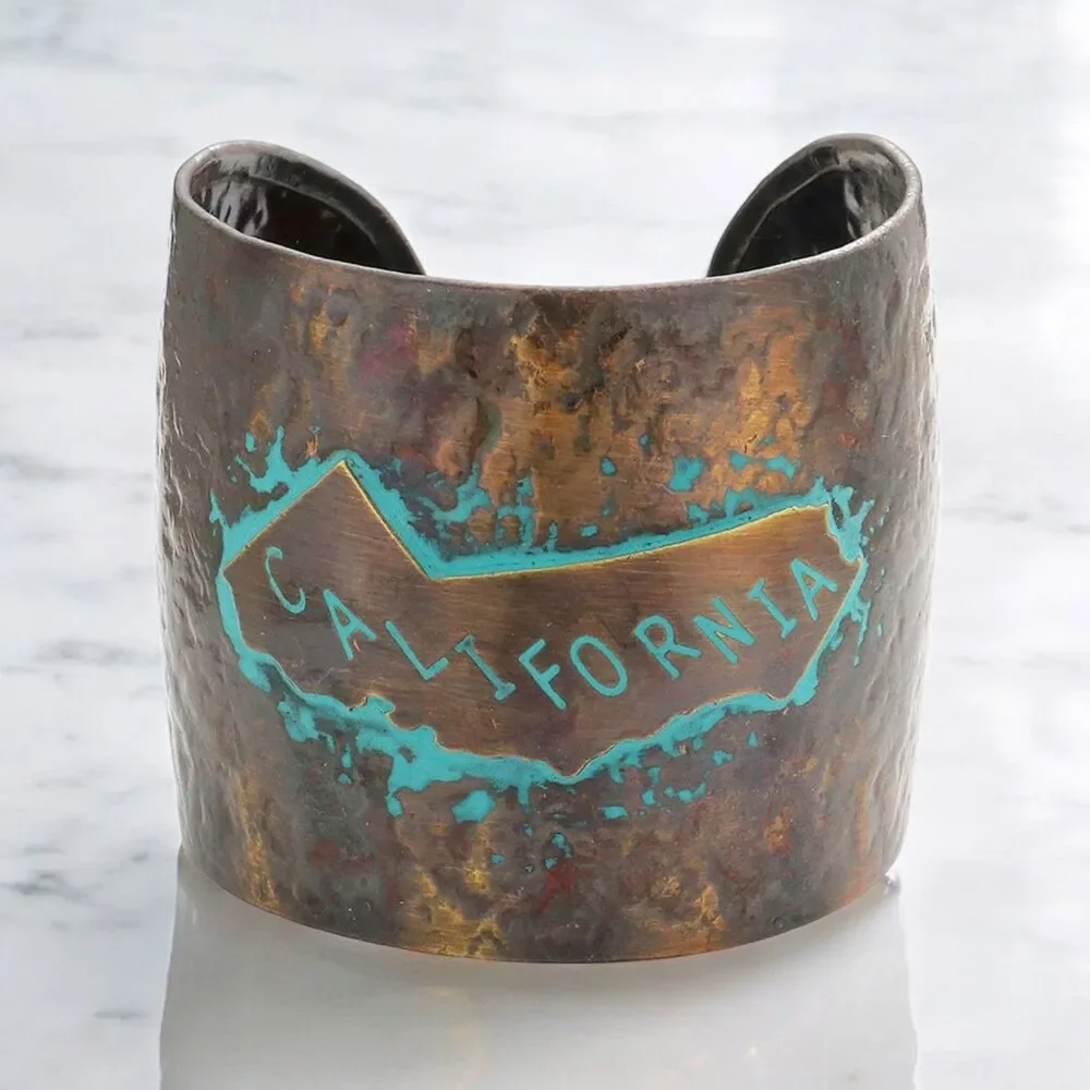 Burnished Copper CALIFORNIA State Map Hammered Chunky Wide Cuff Bracelet Bold